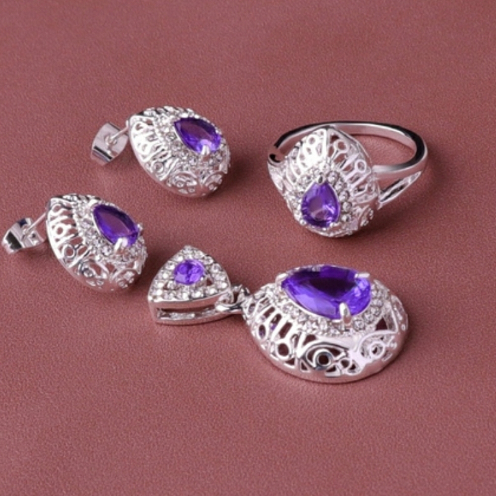 New 3 piece 8.00ctw Genuine Amethyst Set .925 Sterling Silver Ring Size: 7!